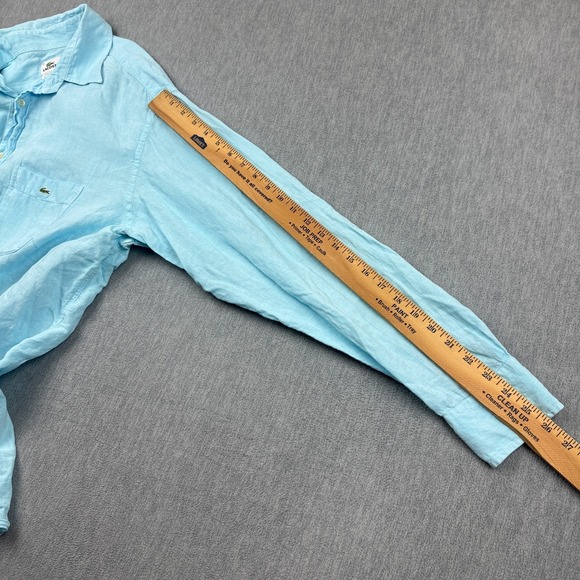 Lacoste Shirt Men 45 XL/2XL Blue 100% Linen Long Sleeve Button Up Crocodile Logo - Picture 11 of 12